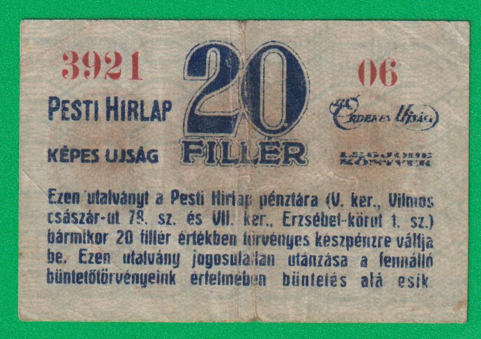 Pesti Hírlap Érdekes Újság 20 Fillér 1919.