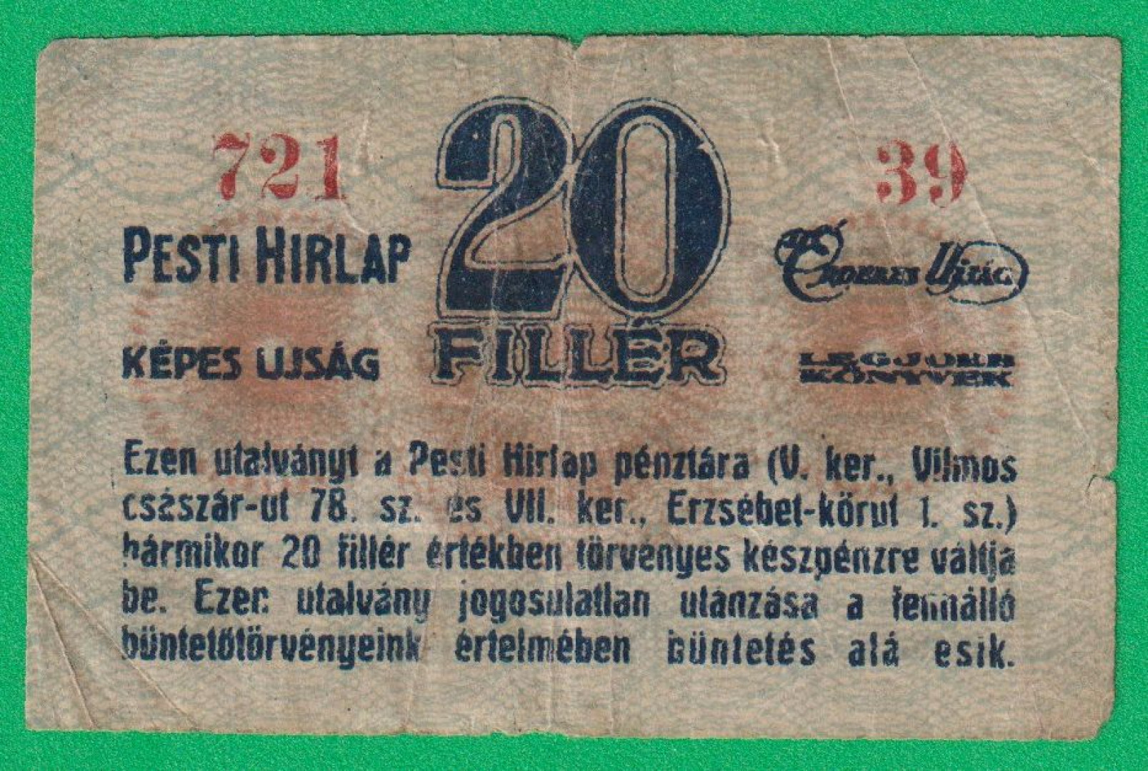 Pesti Hírlap Érdekes Újság 20 Fillér 1919.