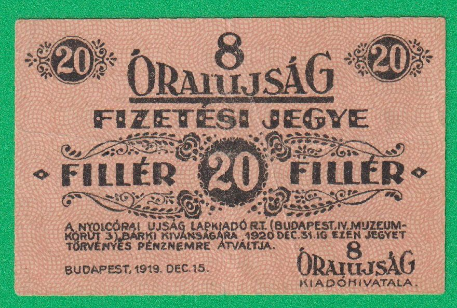 8 Óraiújság FizetésiJegye 1919. 20 Fillér