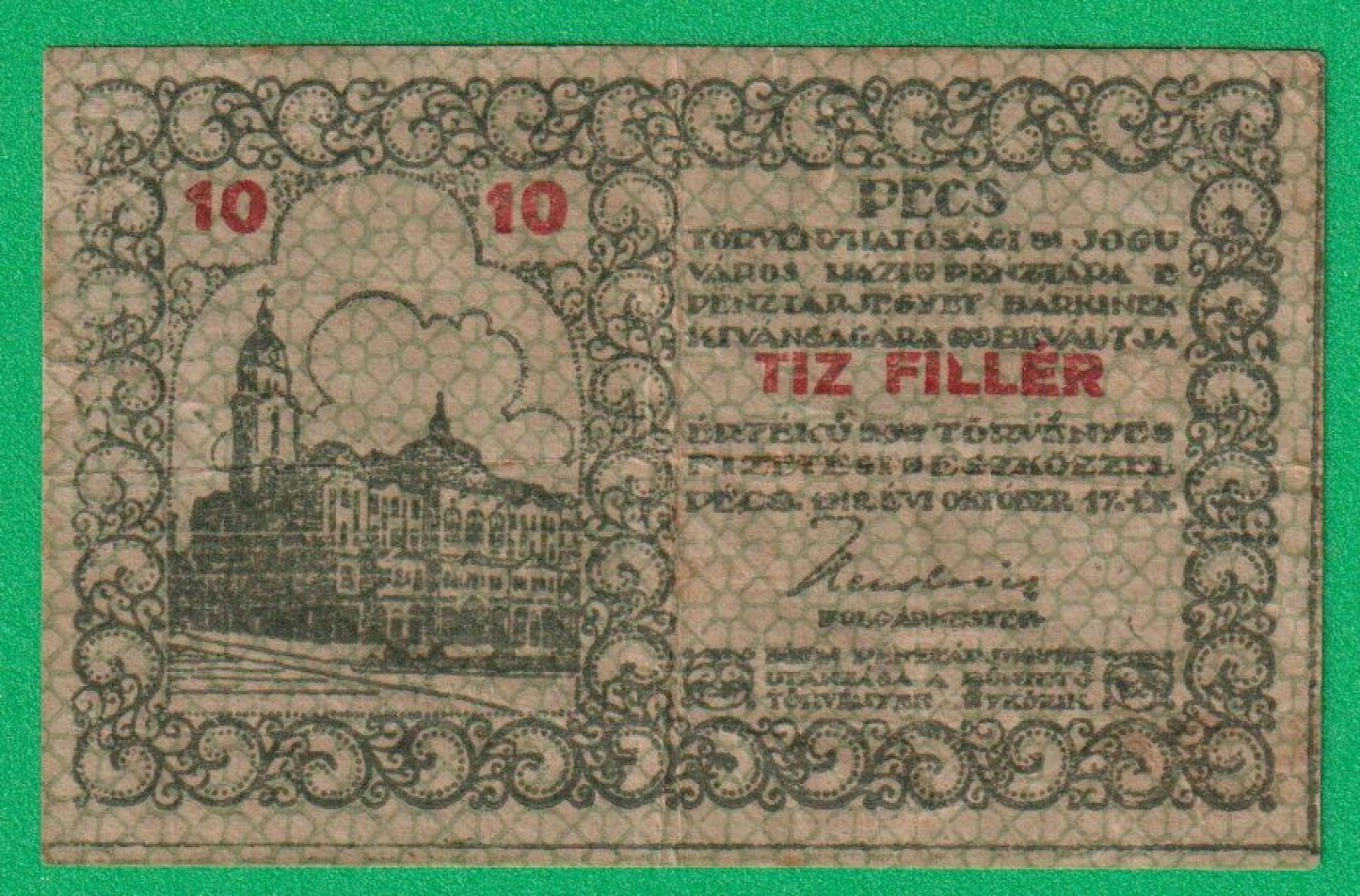Pécs város Pénztárjegye 10 Fillér 1919.