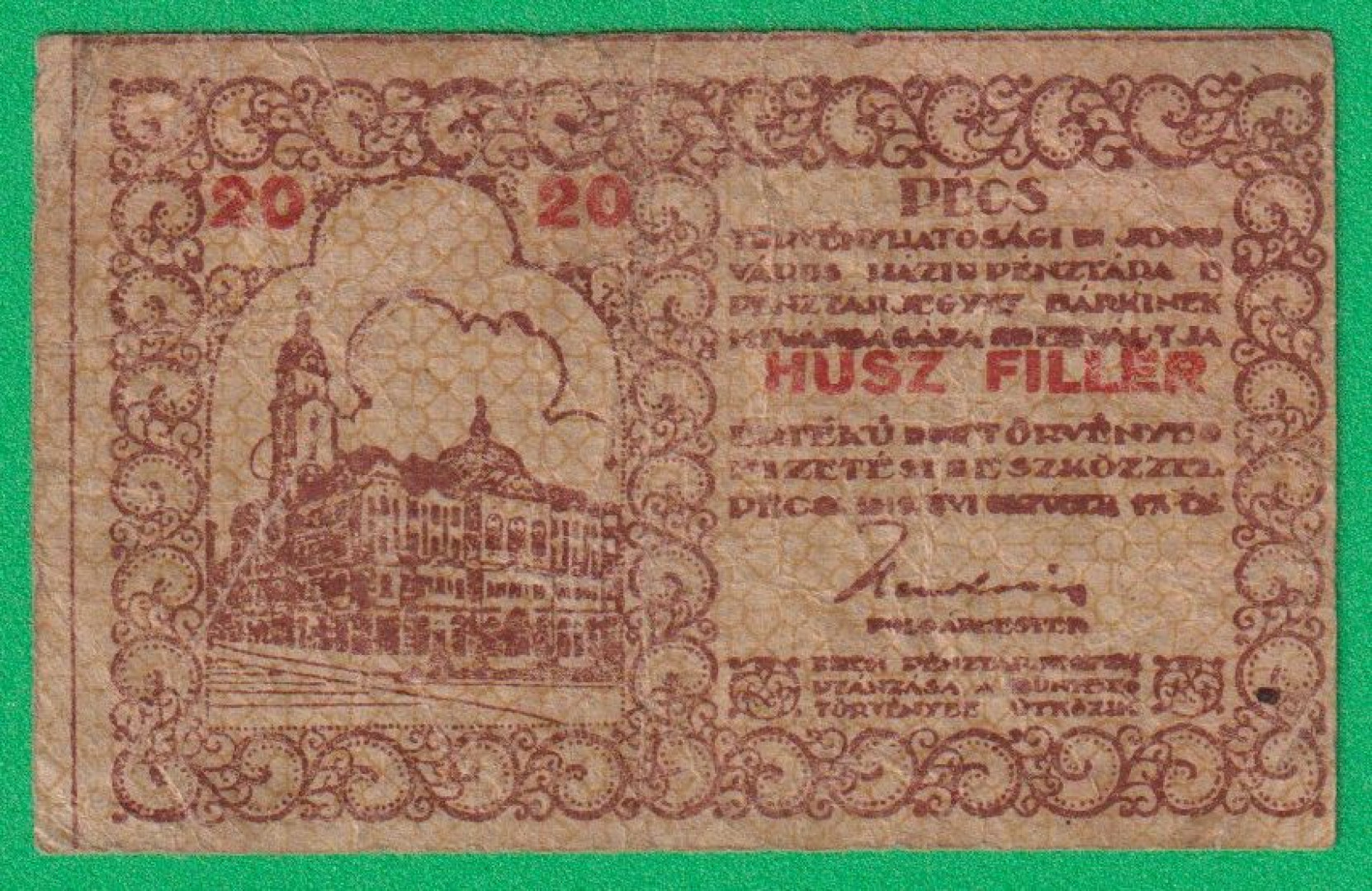 Pécs város Pénztárjegye 20 Fillér 1919.