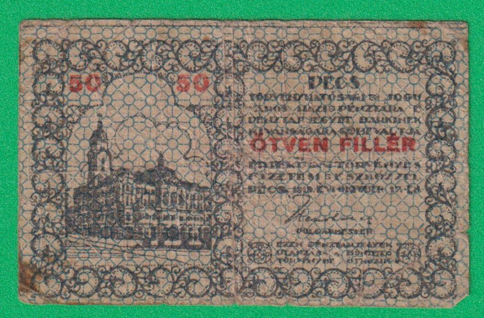 Pécs város Pénztárjegye 50 Fillér 1919.