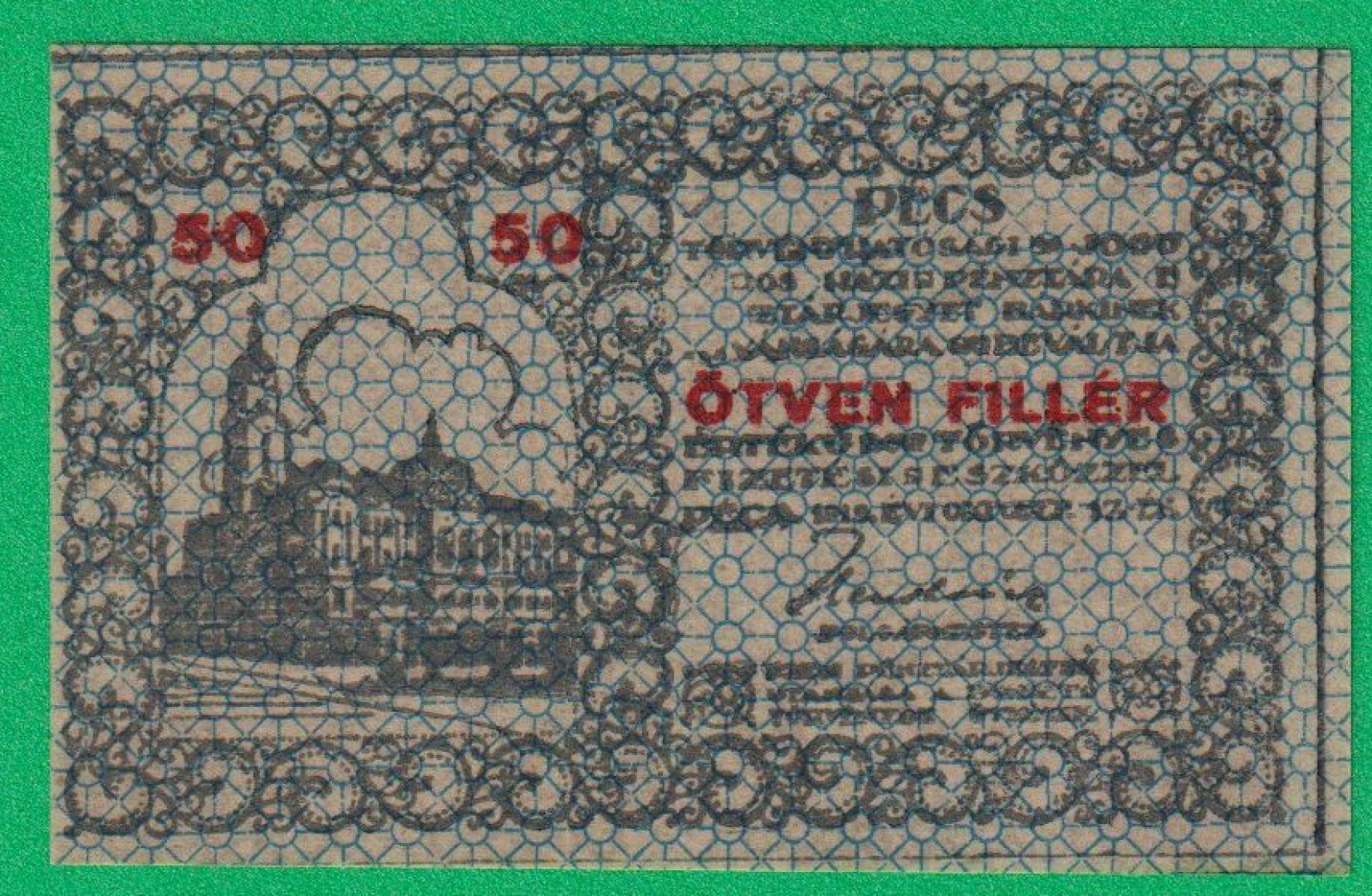 Pécs város Pénztárjegye 50 Fillér 1919.
