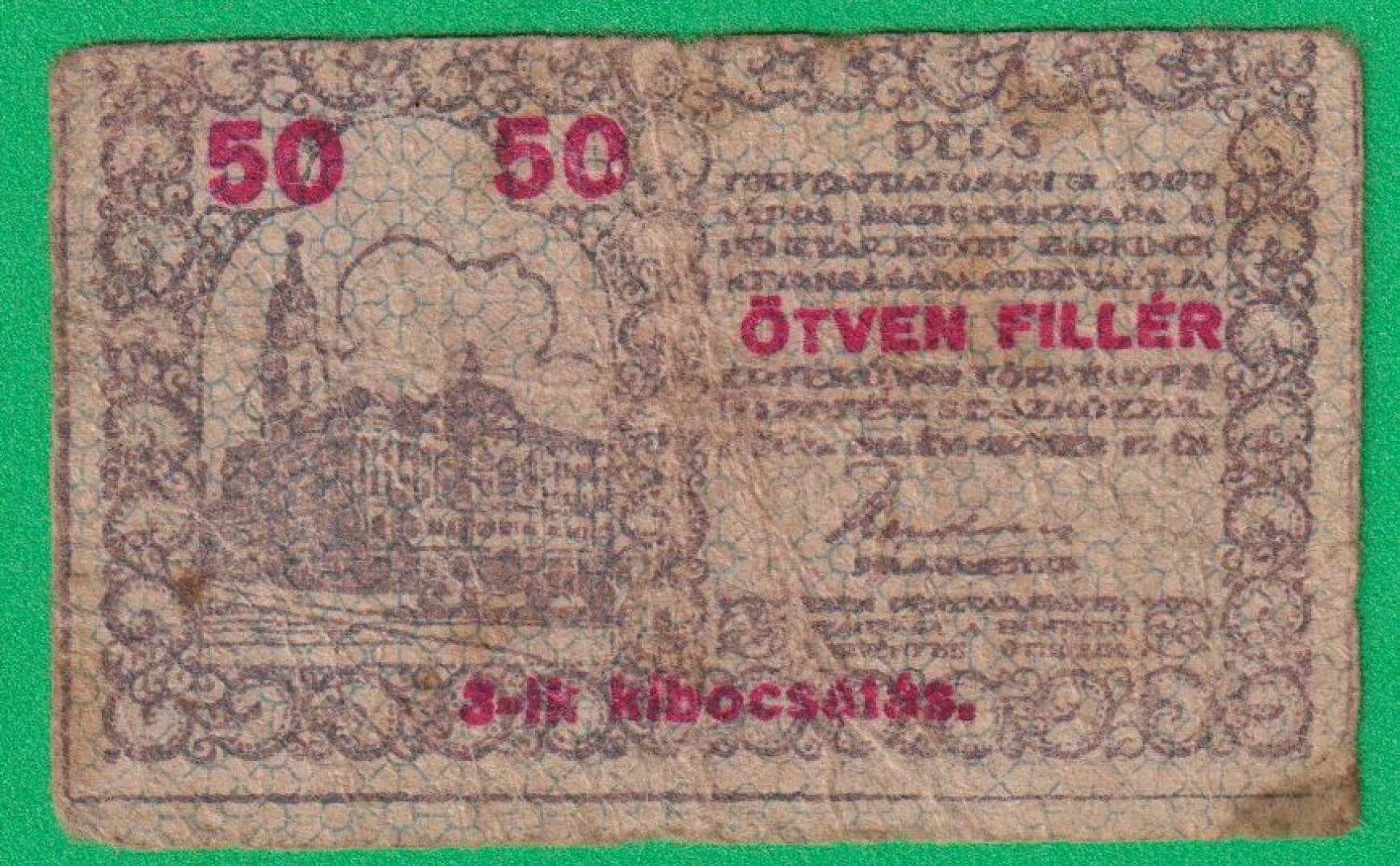 Pécs város Pénztárjegye 50 Fillér 1919.