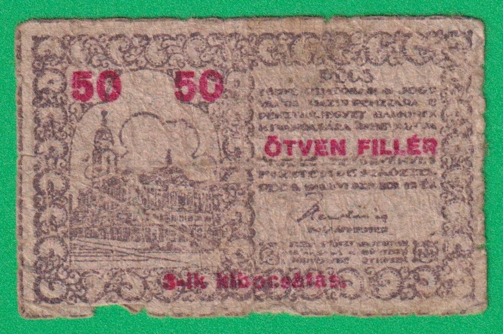 Pécs város Pénztárjegye 50 Fillér 1919.