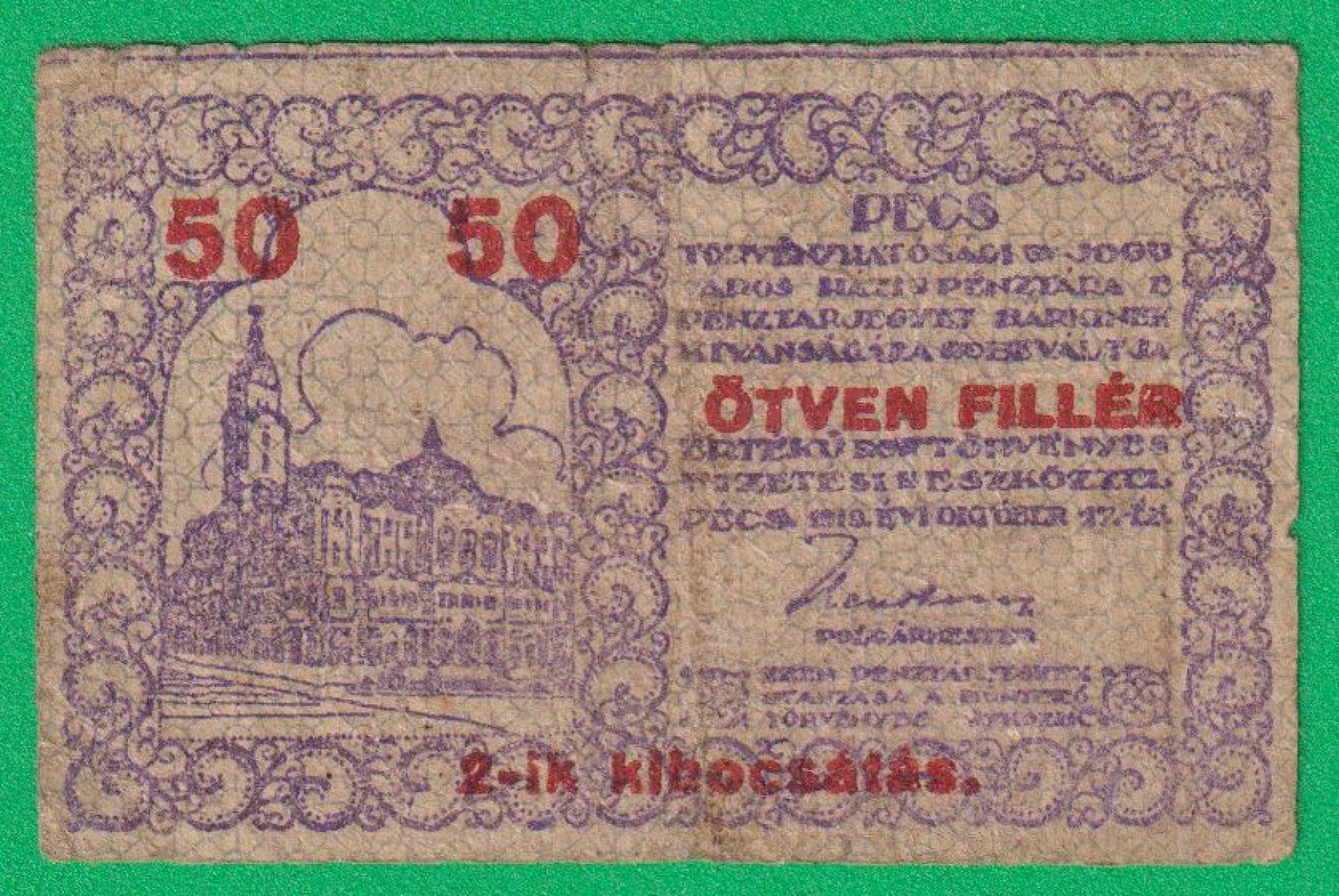 Pécs város Pénztárjegye 50 Fillér 1919.