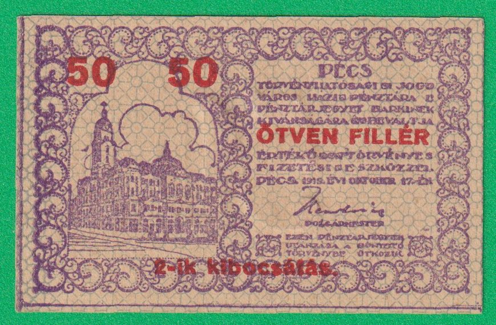 Pécs város Pénztárjegye 50 Fillér 1919.