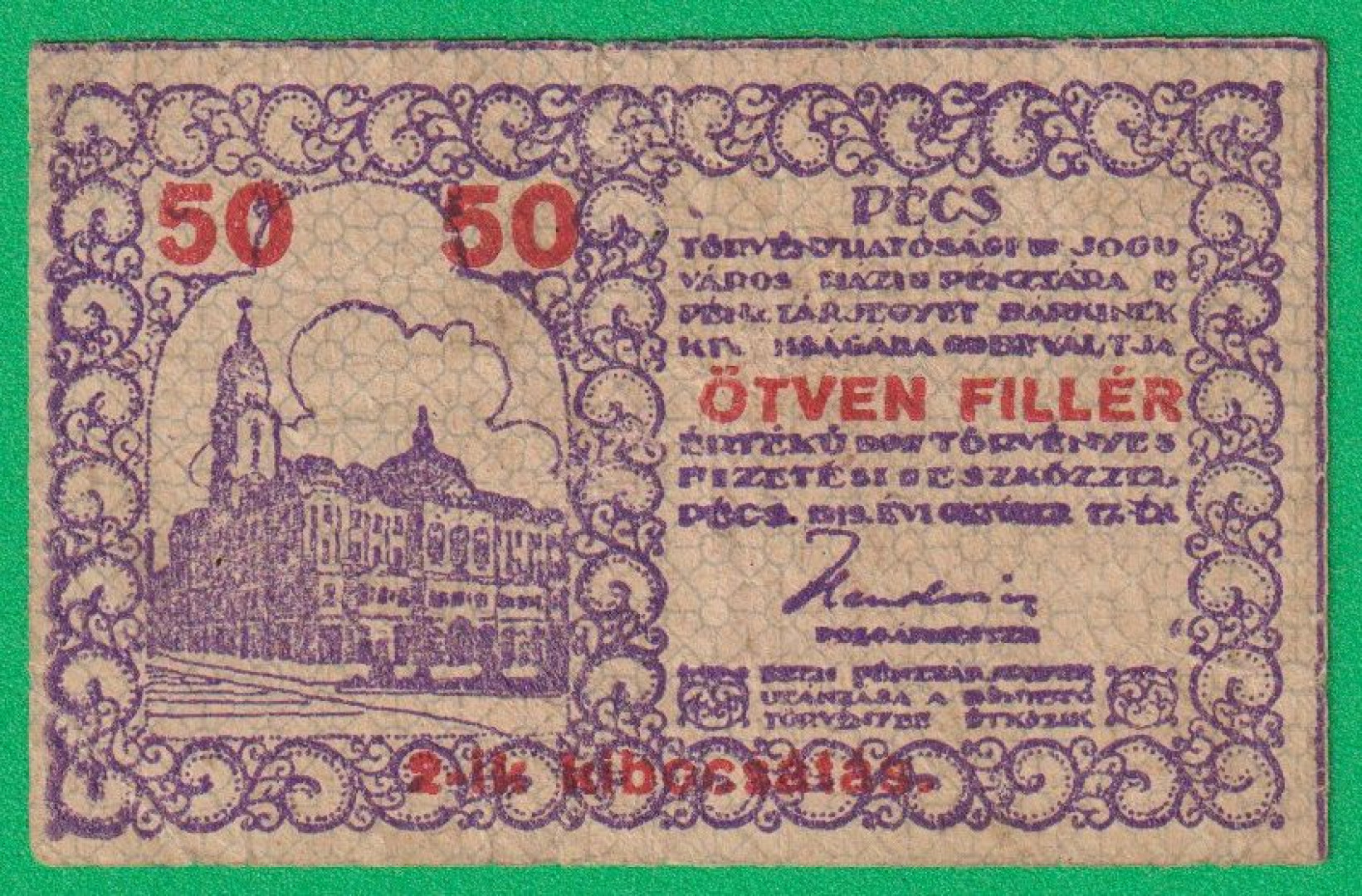 Pécs város Pénztárjegye 50 Fillér 1919.