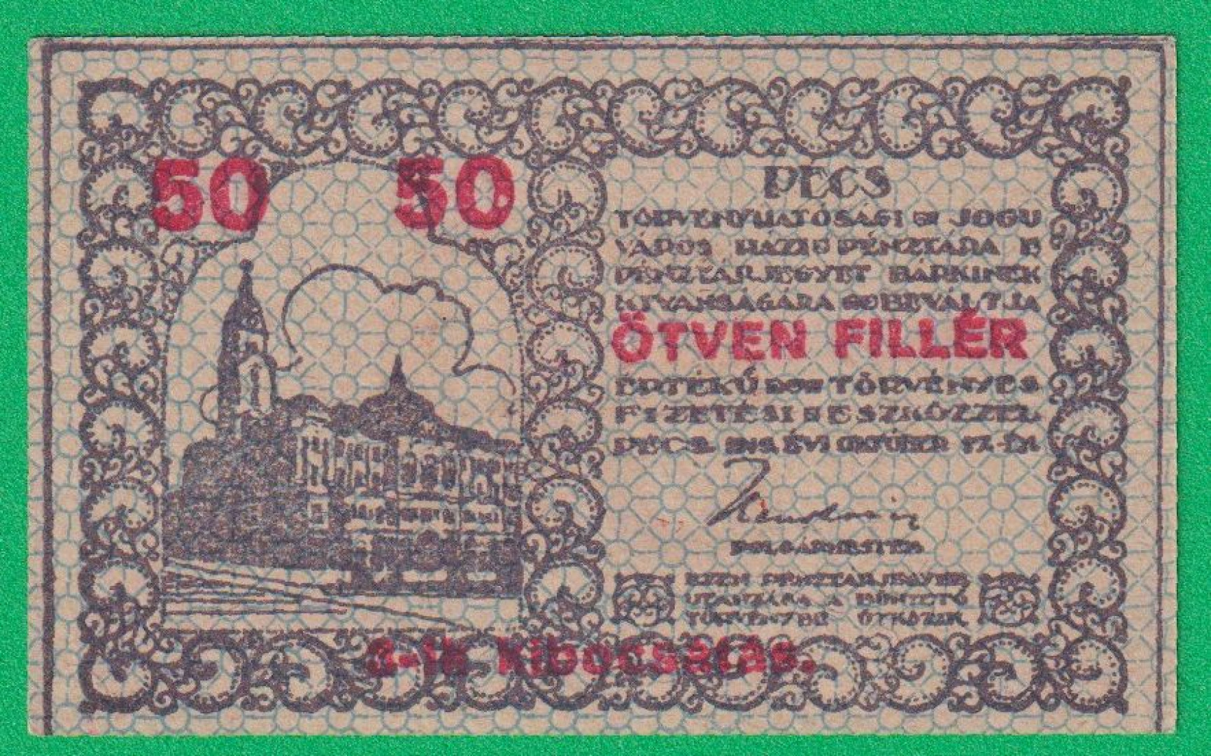Pécs város Pénztárjegye 50 Fillér 1919.