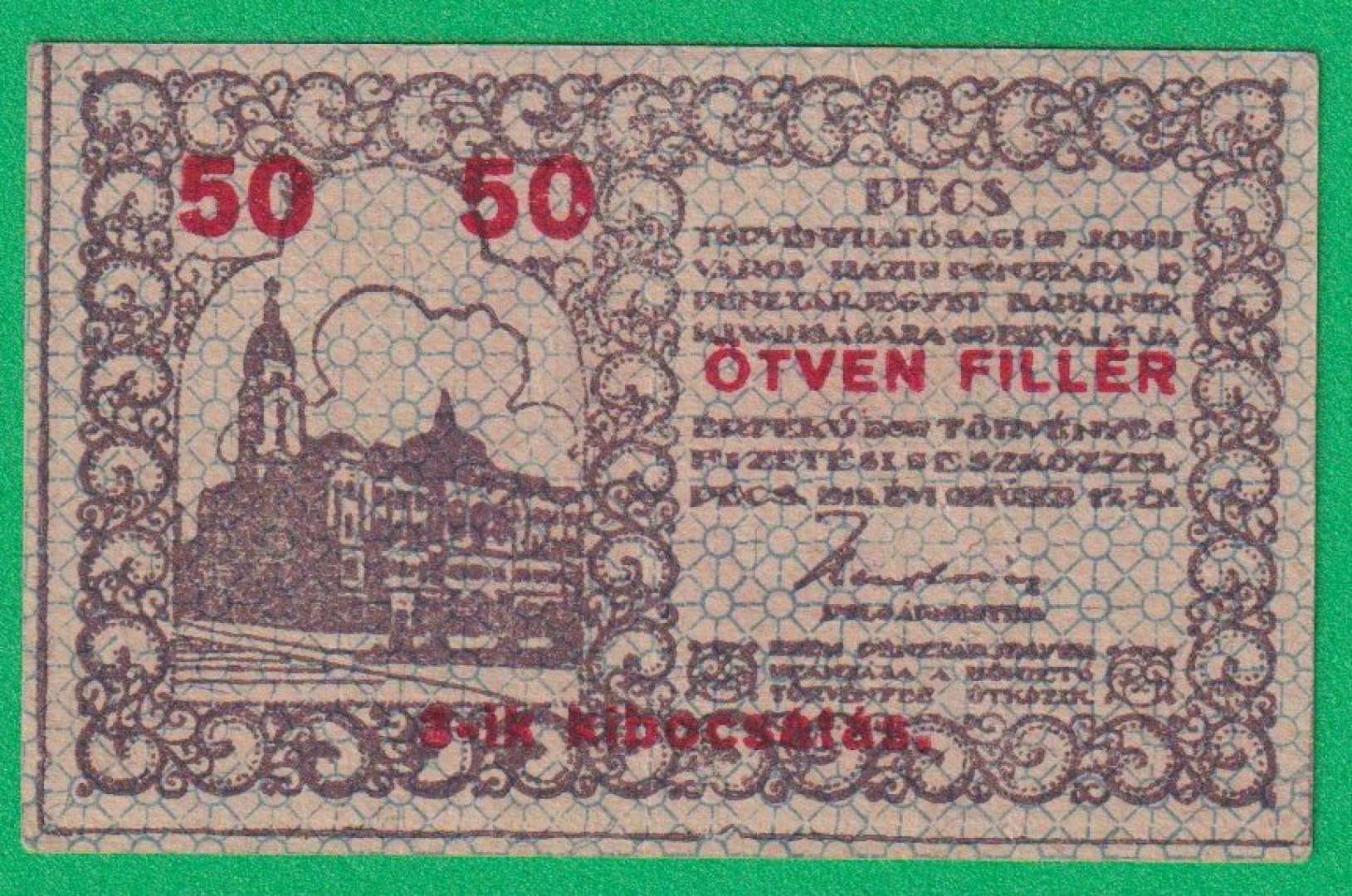 Pécs város Pénztárjegye 50 Fillér 1919.