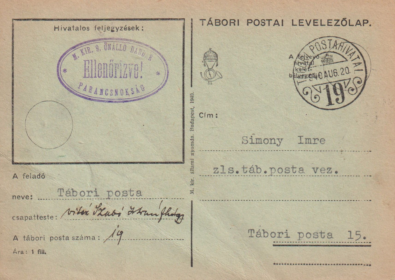 Tábori Posta szívességi bélyegzés A 19 A , 19