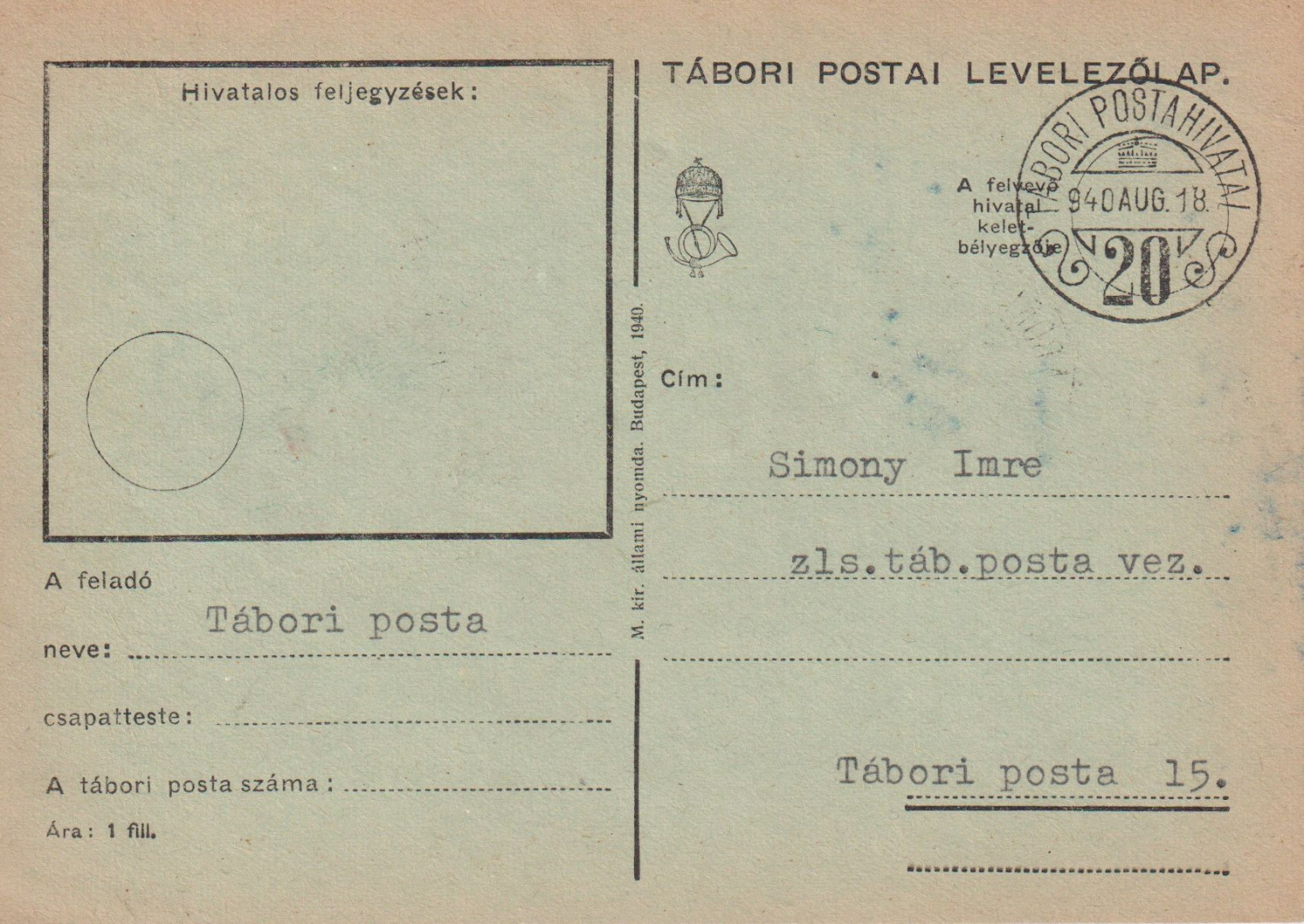 Tábori Posta szívességi bélyegzés A 20 A , 20