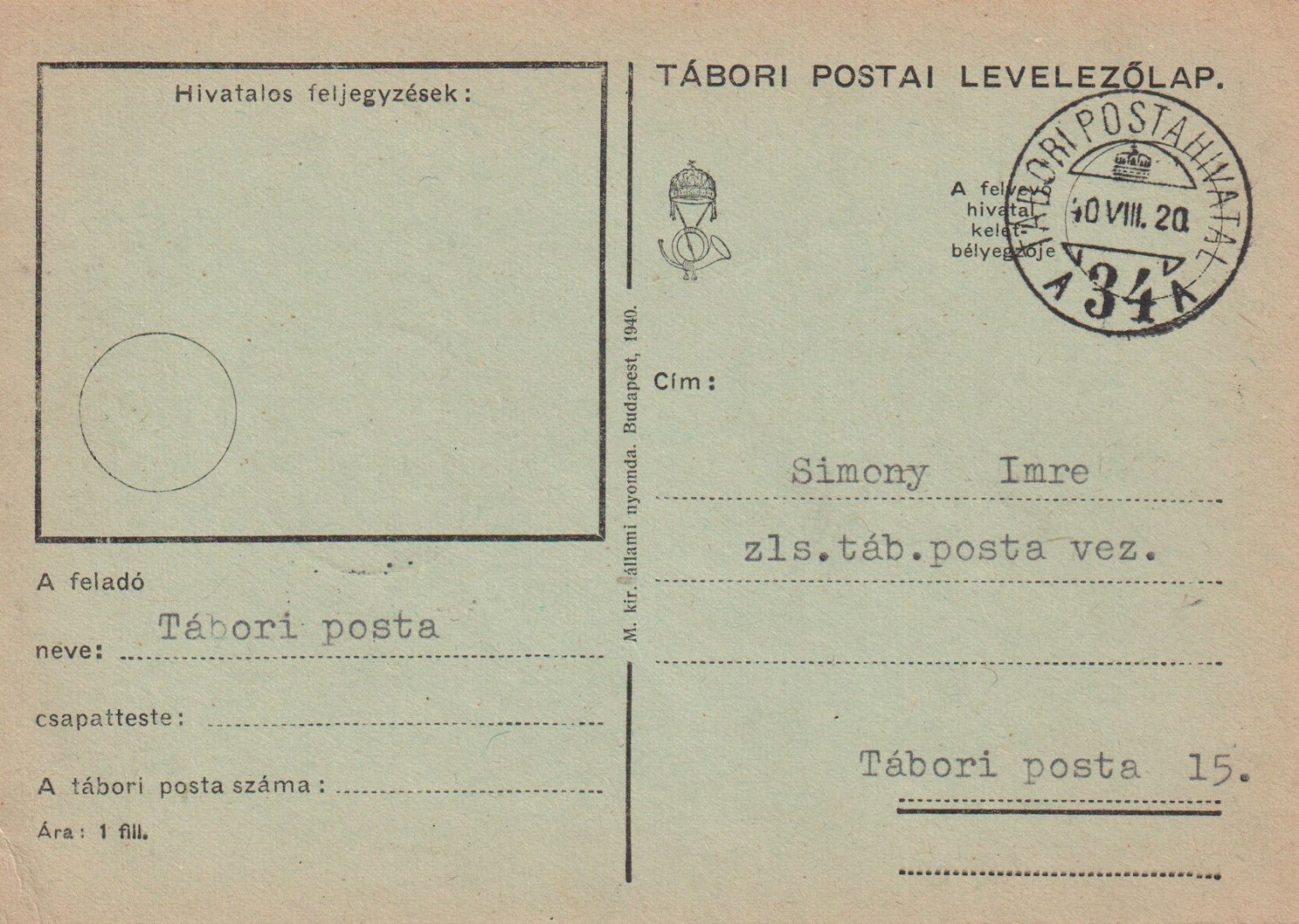 Tábori Posta szívességi bélyegzés A 34 A , 34