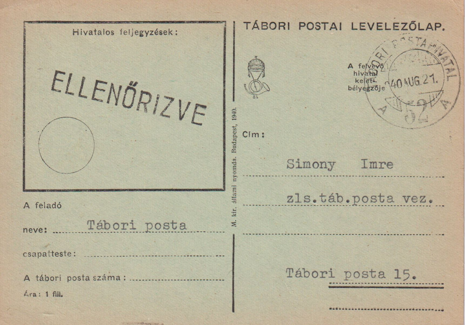 Tábori Posta szívességi bélyegzés A 52 A , 52
