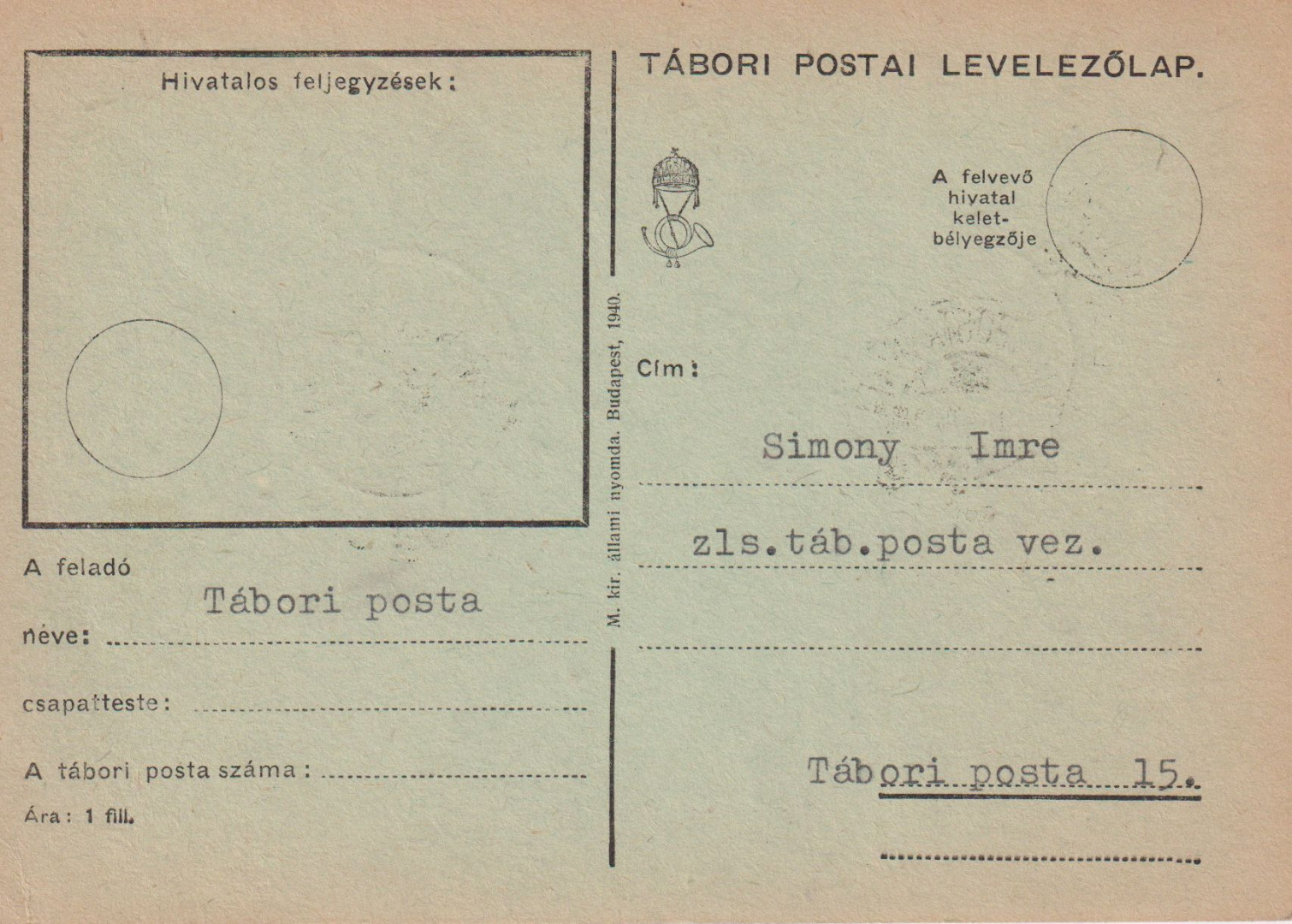 Tábori Posta szívességi bélyegzés A 53 A , 53