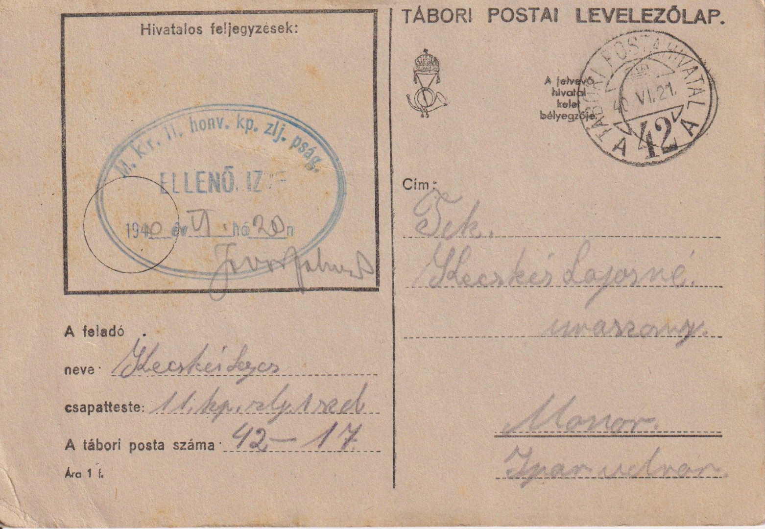Tábori Posta 1940. A 42 A M.kir. II.honv.kp. Zlj. Pk.