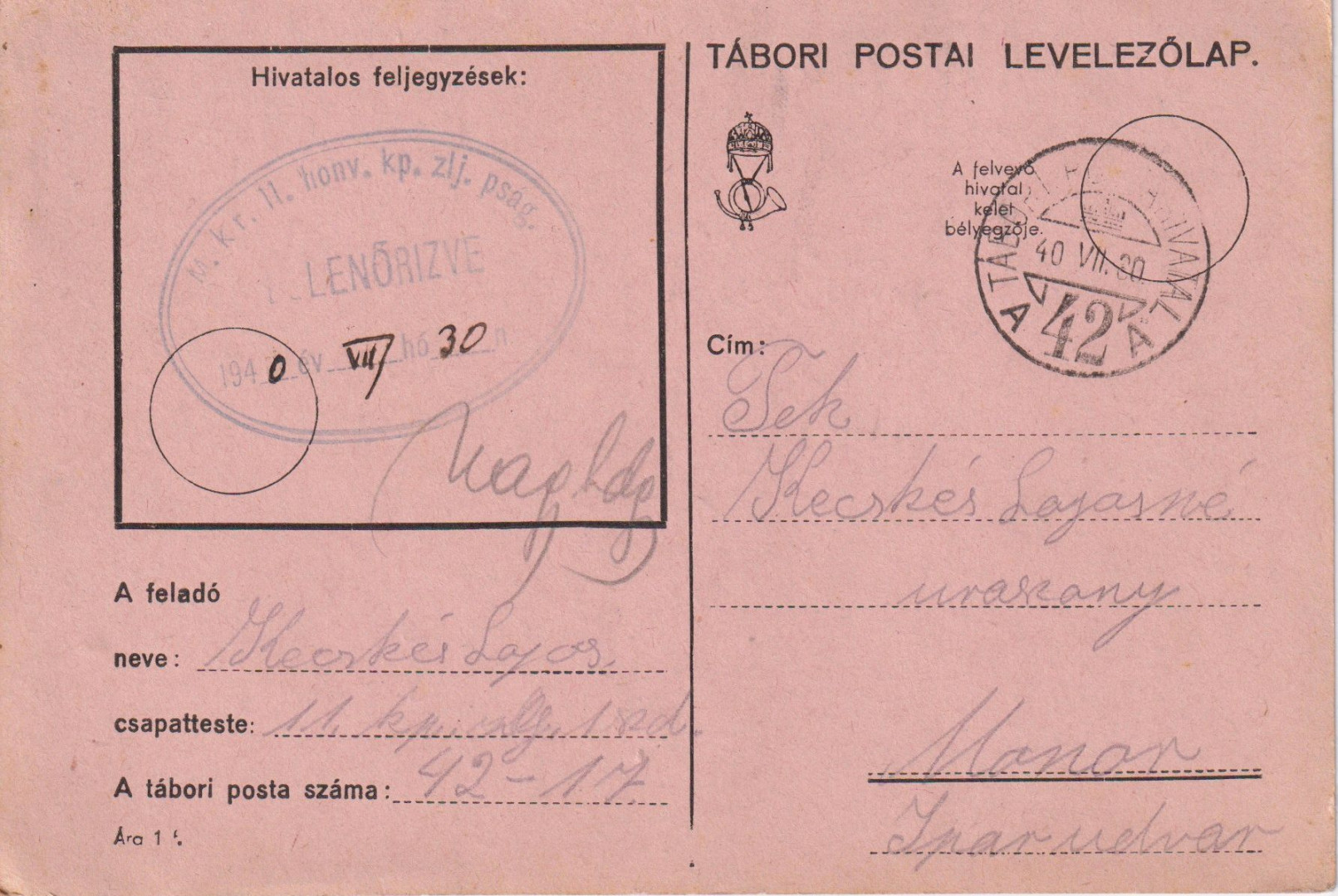 Tábori Posta 1940. A 42 A M.kir. II.honv.kp. Zlj. Pk.