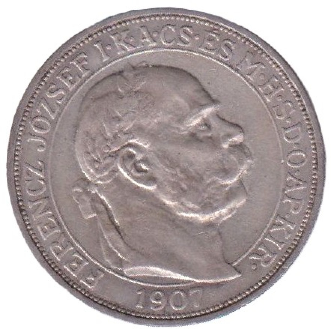 5 Korona 1907. Feren J.40. koronázási jub. Fordított perem felírat (L)