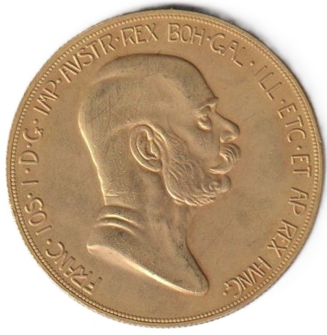 100 Korona 1908. aranyozott bronz Replika (L)