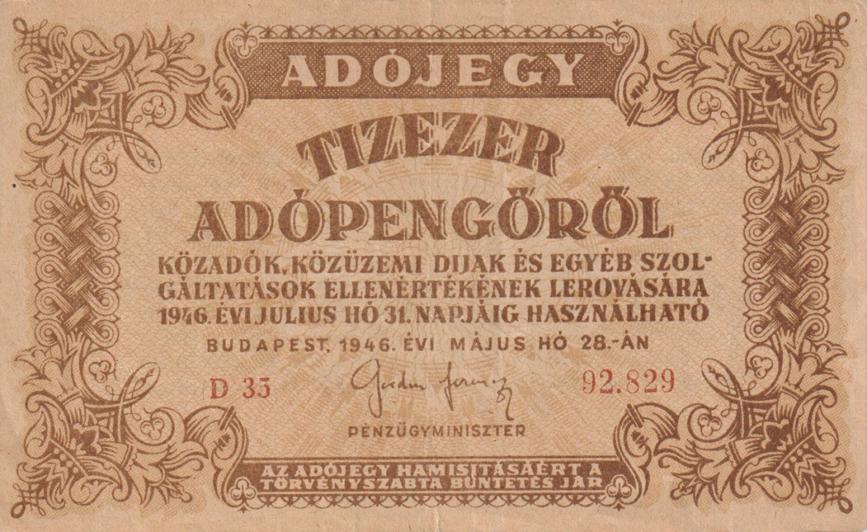 Adójegy 10.000 Adópengőről 1946.  D 35 vizjel
