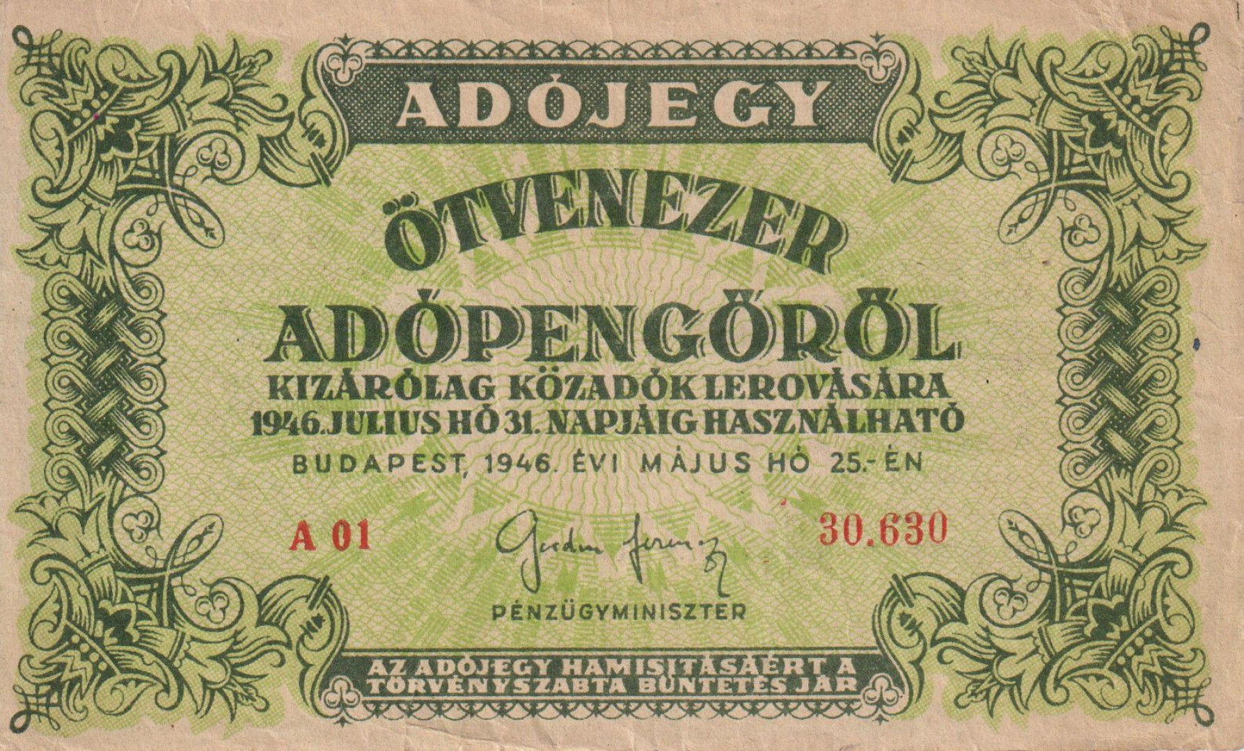 Adójegy 50.000 Adópengőről 1946.  A 01 vizjel