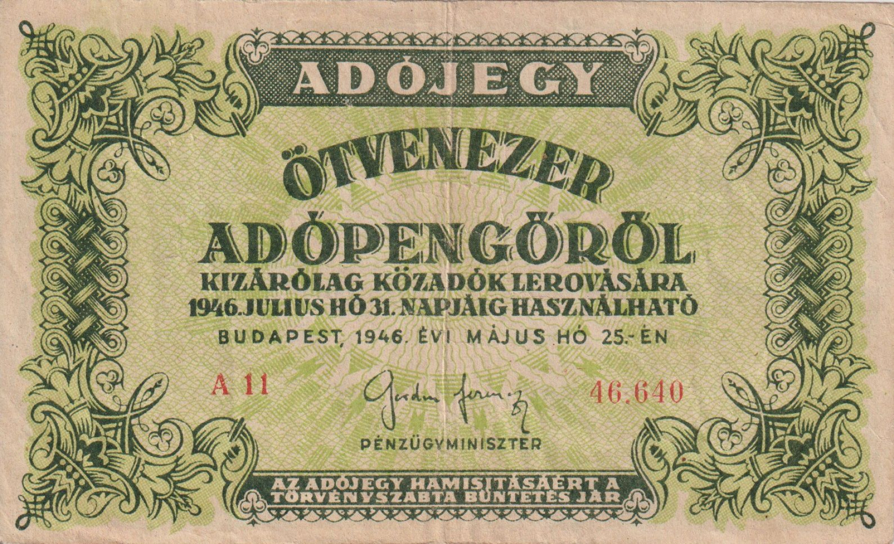 Adójegy 50.000 Adópengőről 1946. A 11 vizjel