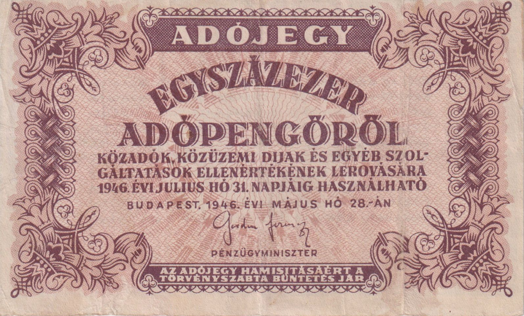 Adójegy 100.000 Adópengőről 1946. számozás nélkül