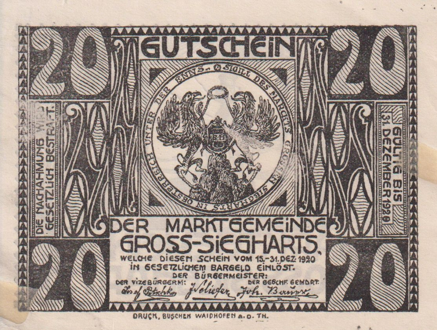 Gross-Siegharts 20 heller 1920.