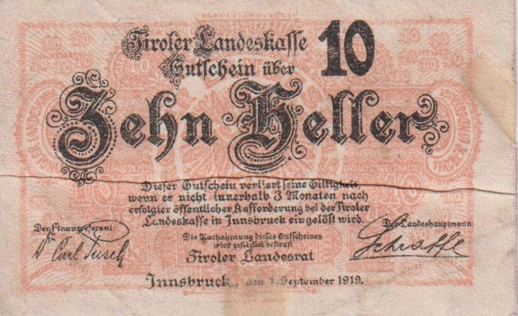Innsbruck landes Kassen 10 heller 1919.