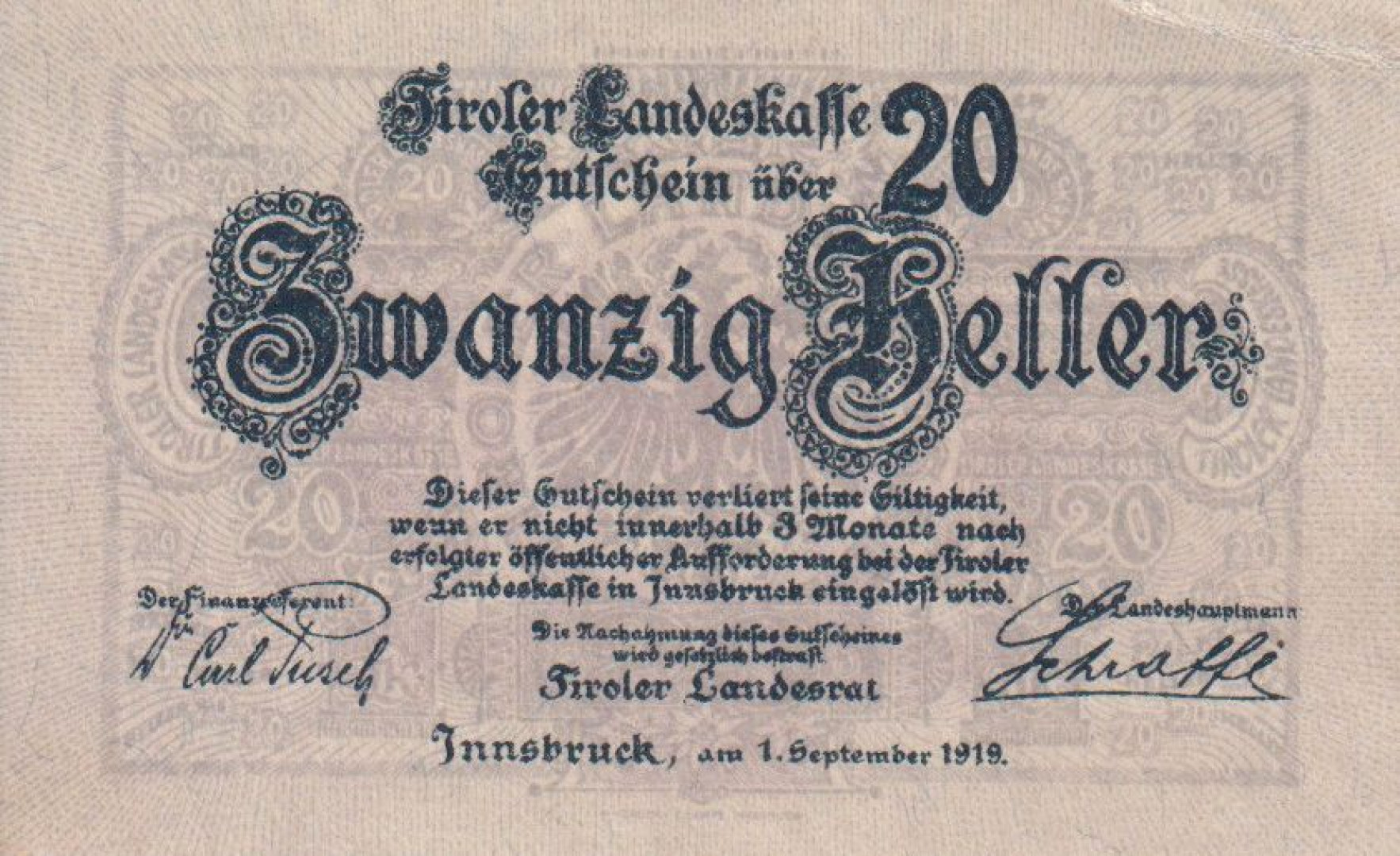 Innsbruck landes Kassen 20 heller 1919.