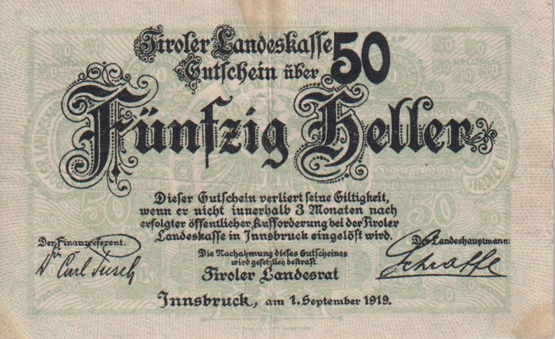 Innsbruck landes Kassen 50 heller 1919.