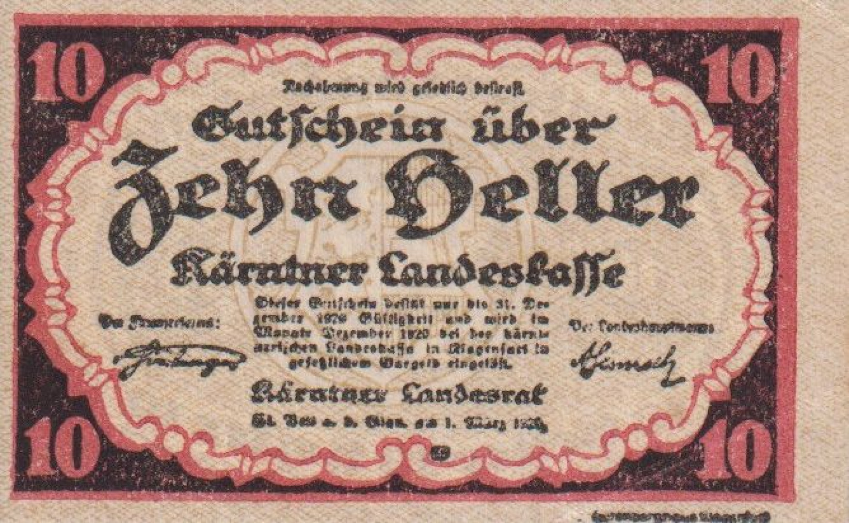 Kärntner Landeskasse 10 heller 1920.