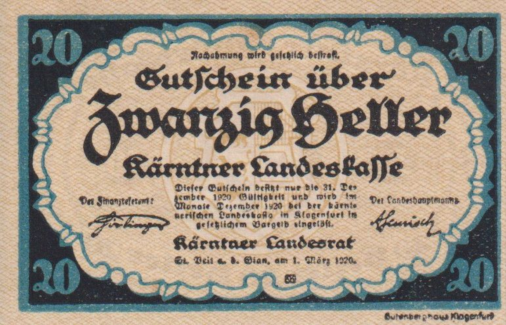 Kärntner Landeskasse 20 heller 1920.