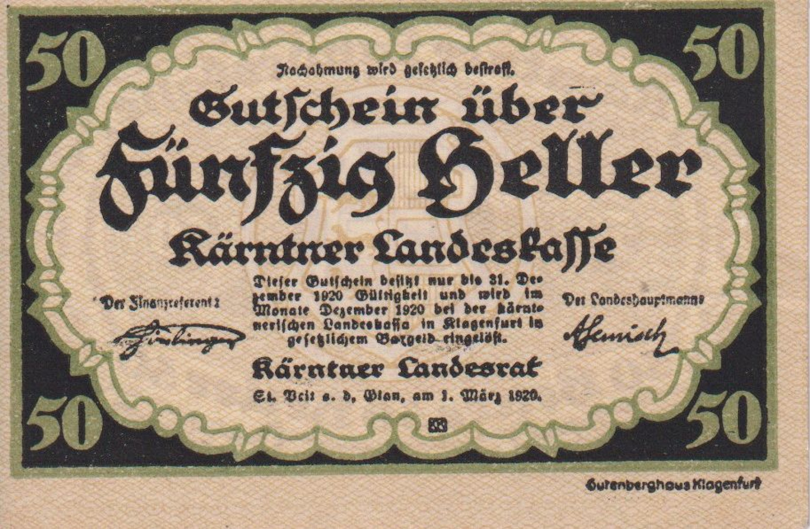 Kärntner Landeskasse 50 heller 1920.