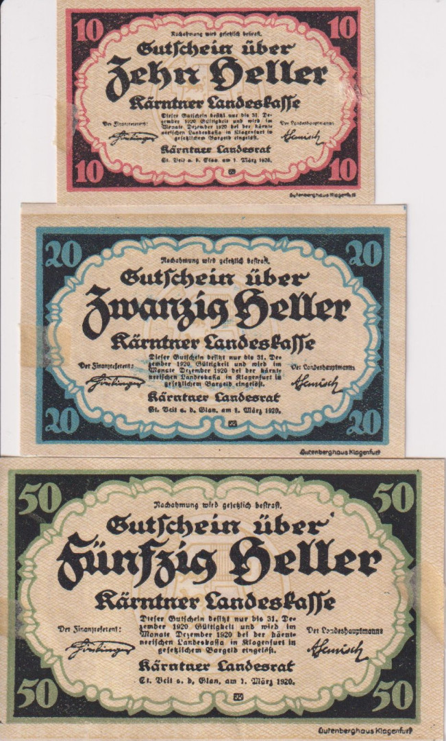 Kärntner Landeskasse 10, 20, 50, heller 1920.