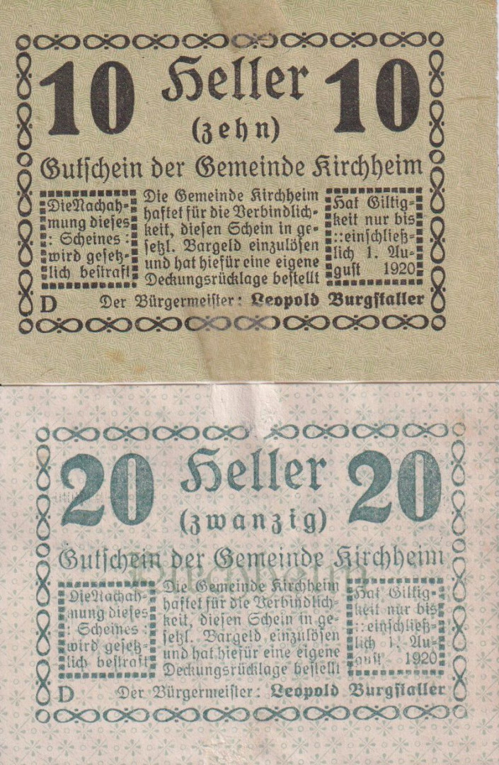 Kircheim 10 és 20 heller 1920.
