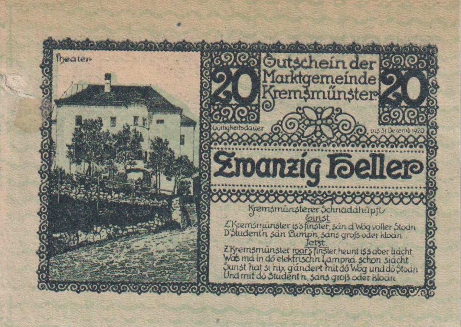 Kremsmünster 20 heller 1920.