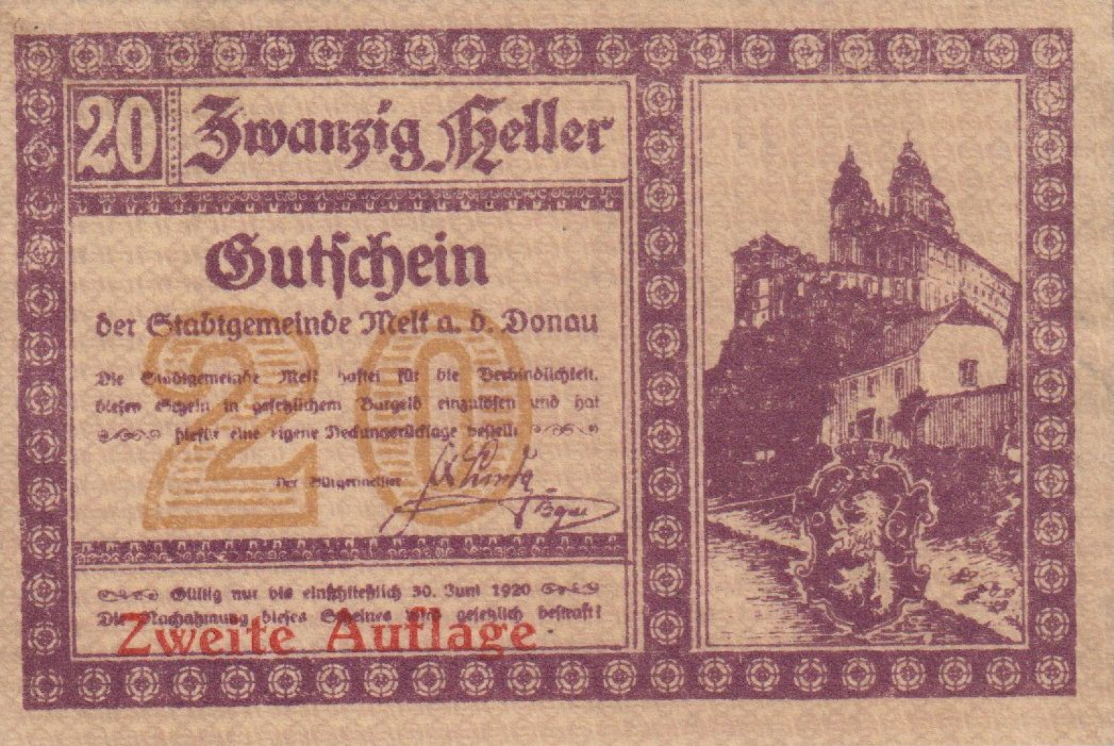 Melk an der Donau 20 heller 1920. 2.kiadás