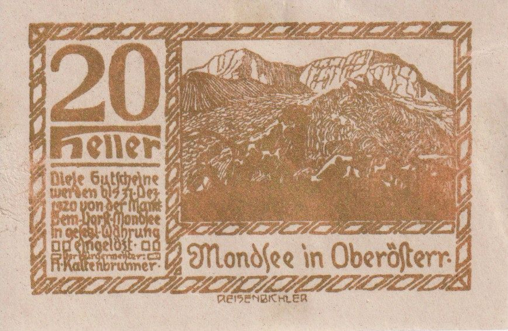 Mondsee 20 heller 1920. aranyszínű