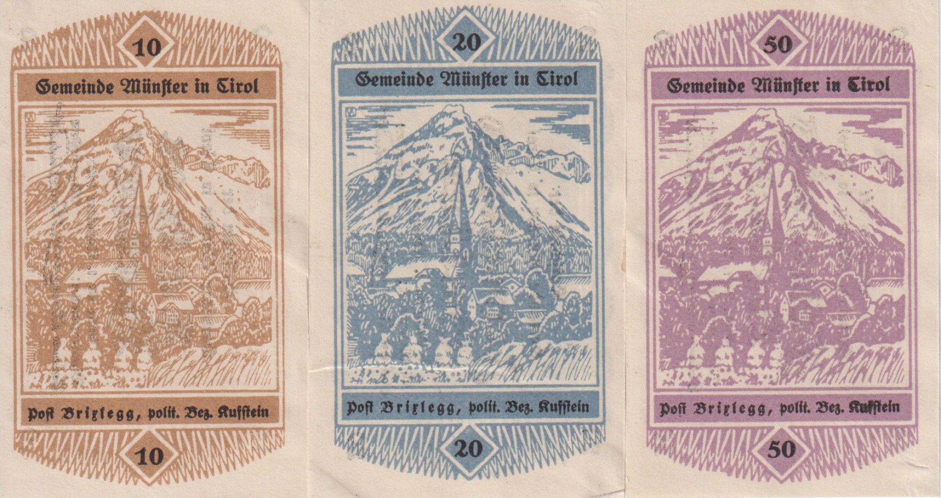 Münster in Tirol 10, 20, 50 heller 1920.