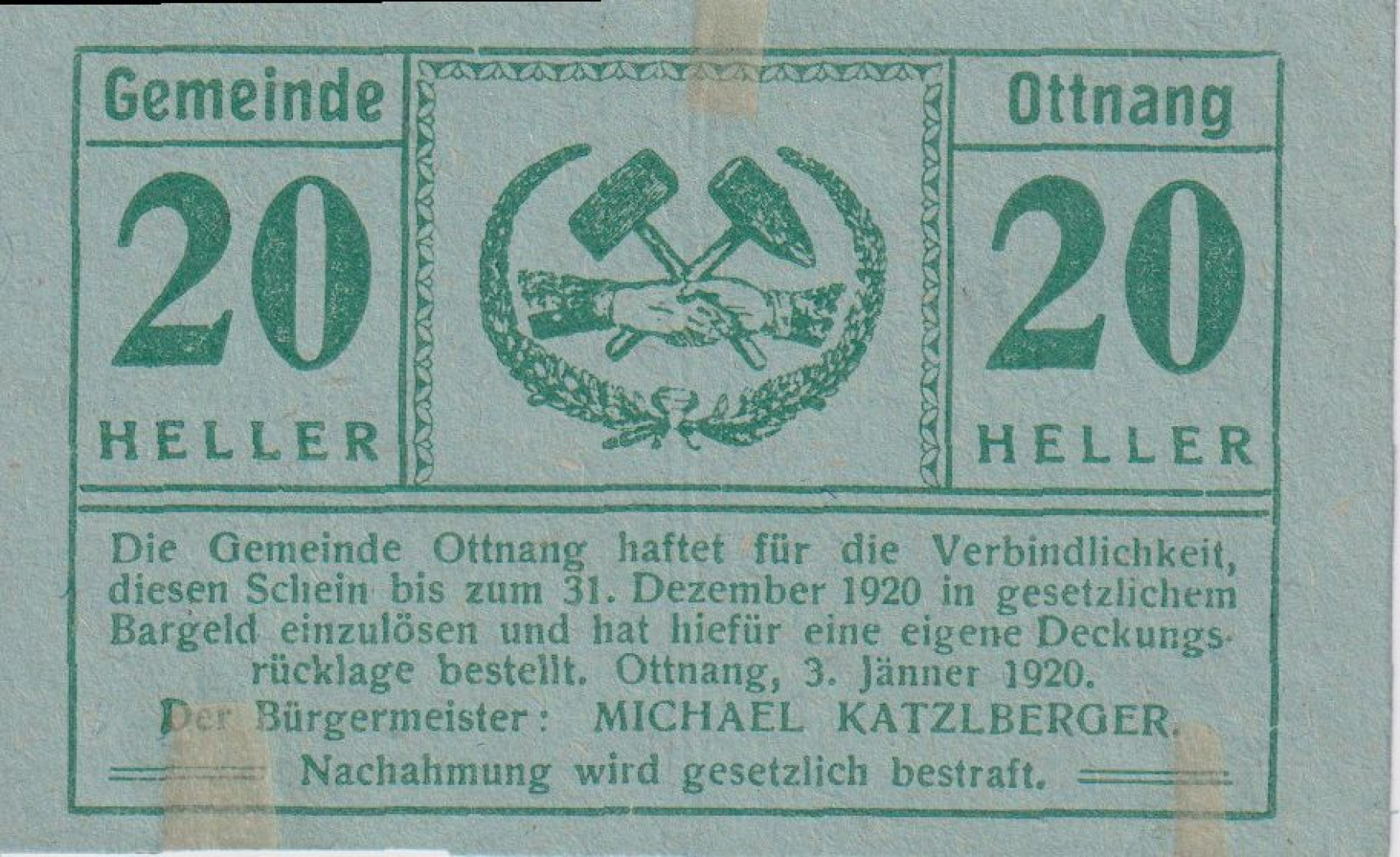Ottnang 20 heller 1920.