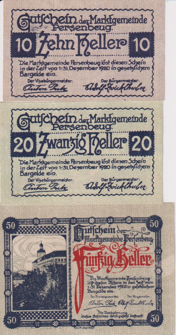 Persenbeug 10, 20, 50 heller 1920.