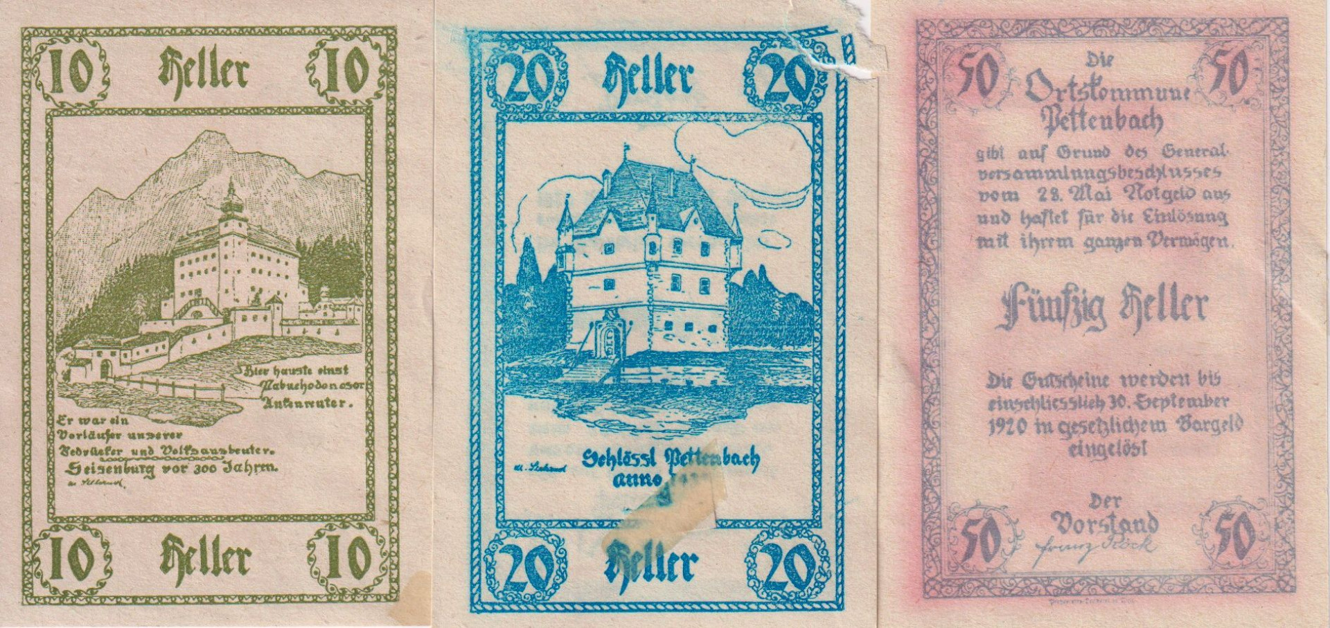 Pettenbach 10, 20, 50 heller 1920.