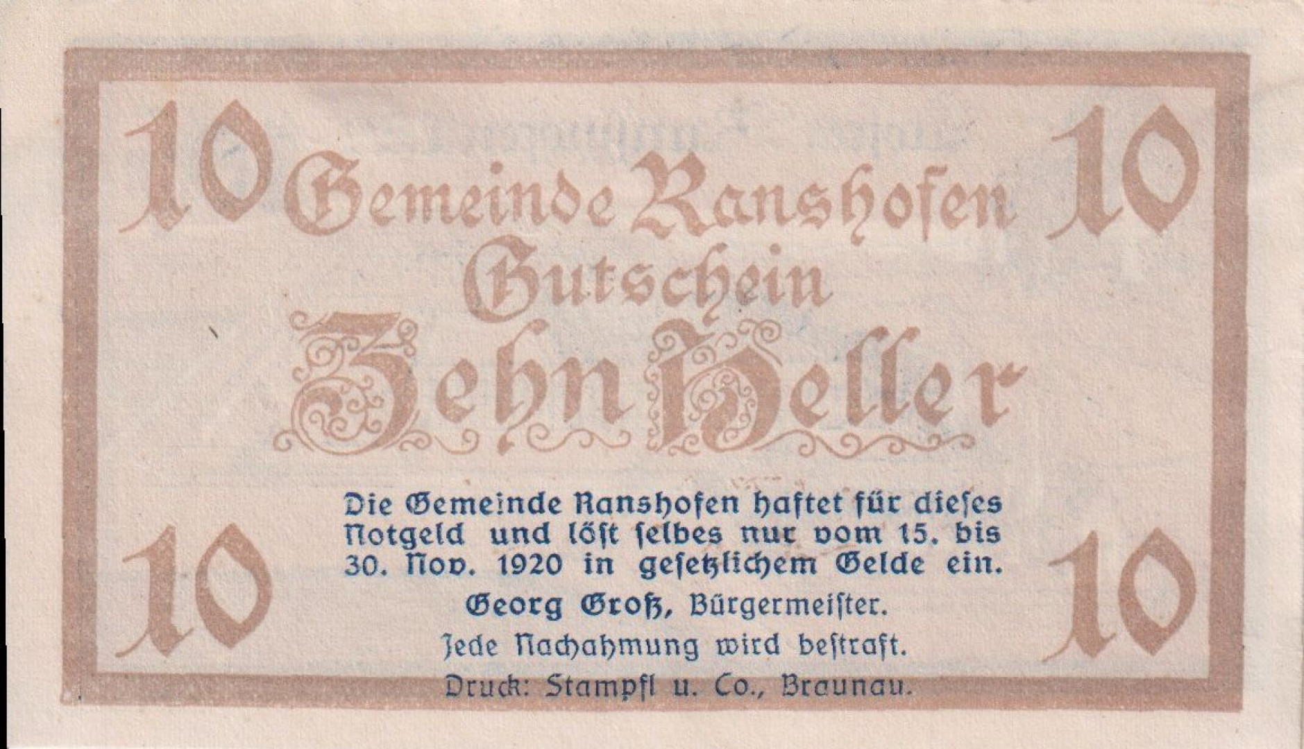 Ranshofen 10 heller 1920.