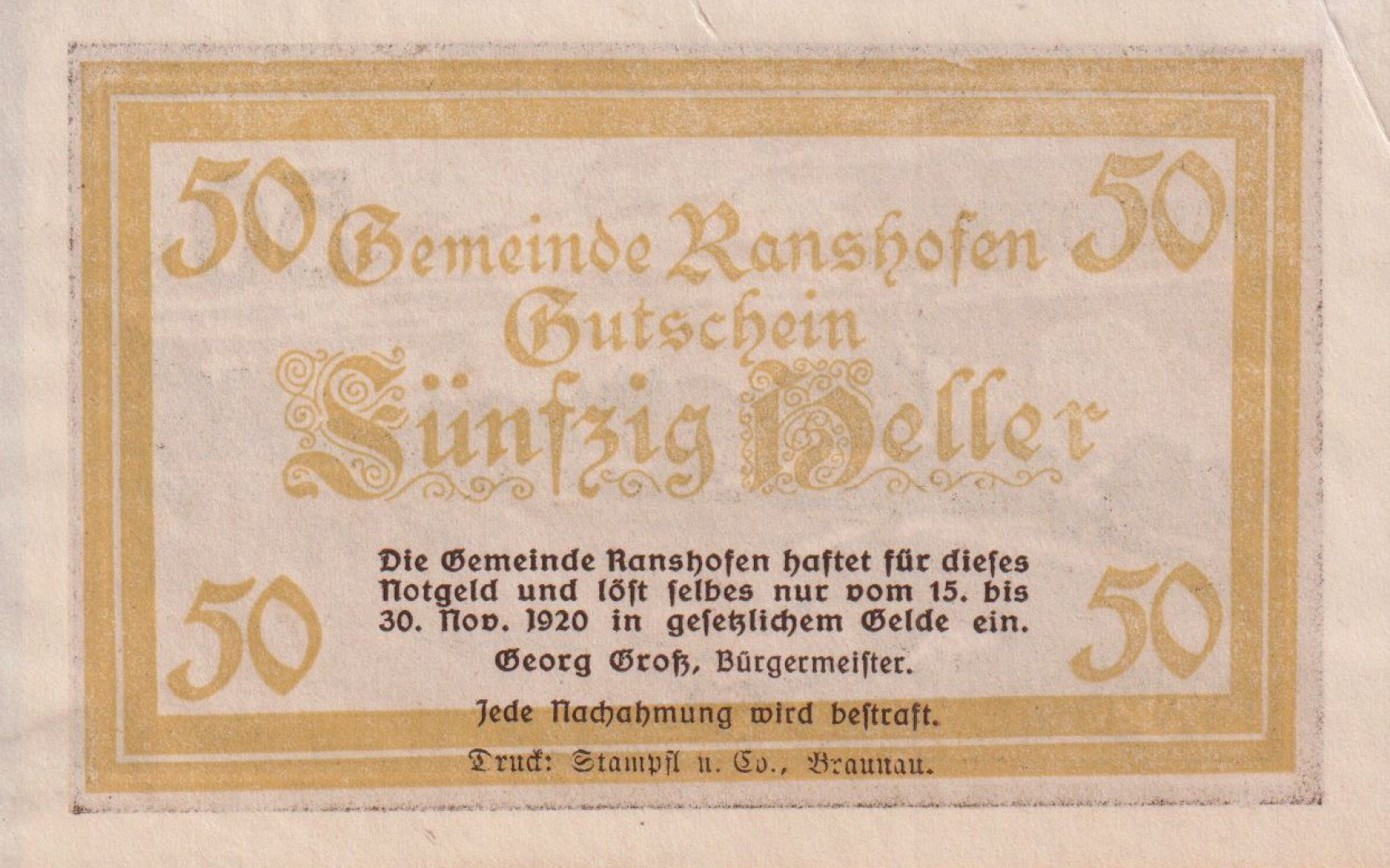 Ranshofen 50 heller 1920.