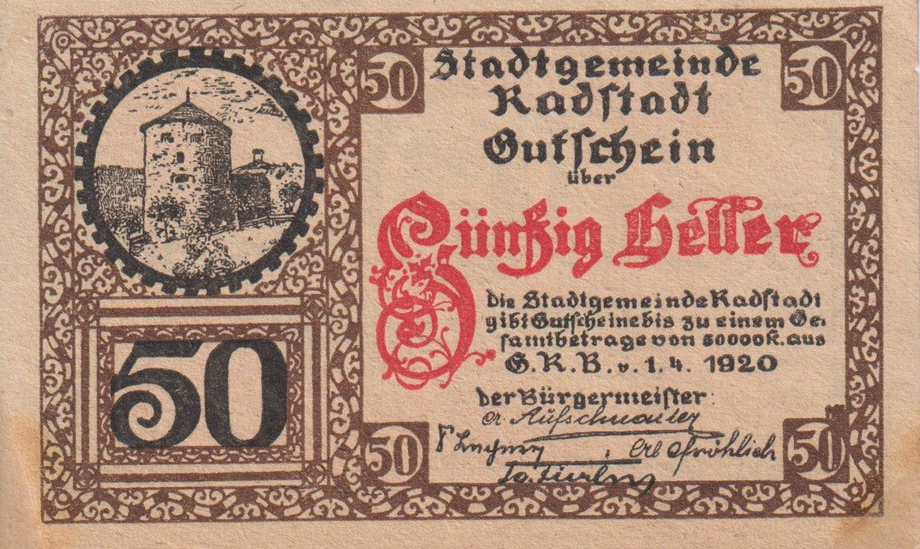 Radstadt 50 heller 1920.