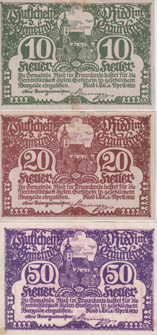 Ried i. Traunkreis 10, 20, 50 heller 1920.