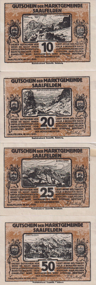 Saafelden 10, 20, 25, 50 heller 1920.
