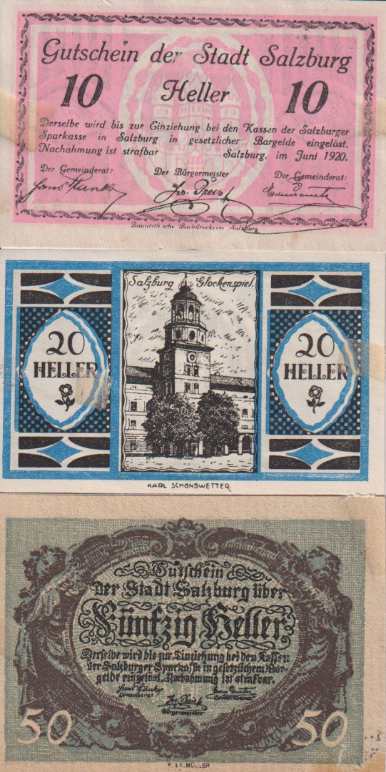 Salzburg 10, 20, 50 heller 1920.