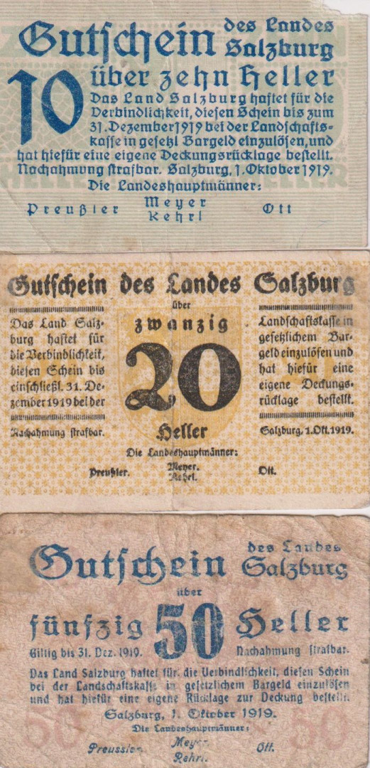 Salzburg 10, 20, 50 heller 1919.